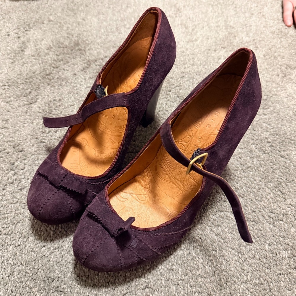 Chie Mihara Purple Suede Mary Jane Pumps Bow Block Heel Made in‎ Spain Size 37 - Picture 8 of 10